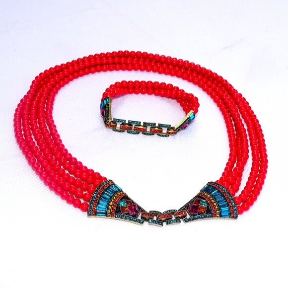 Heidi Daus Necklace & Extender/Bracelet Rhinestone & Faux Coral Bead Multistrand - Picture 1 of 16